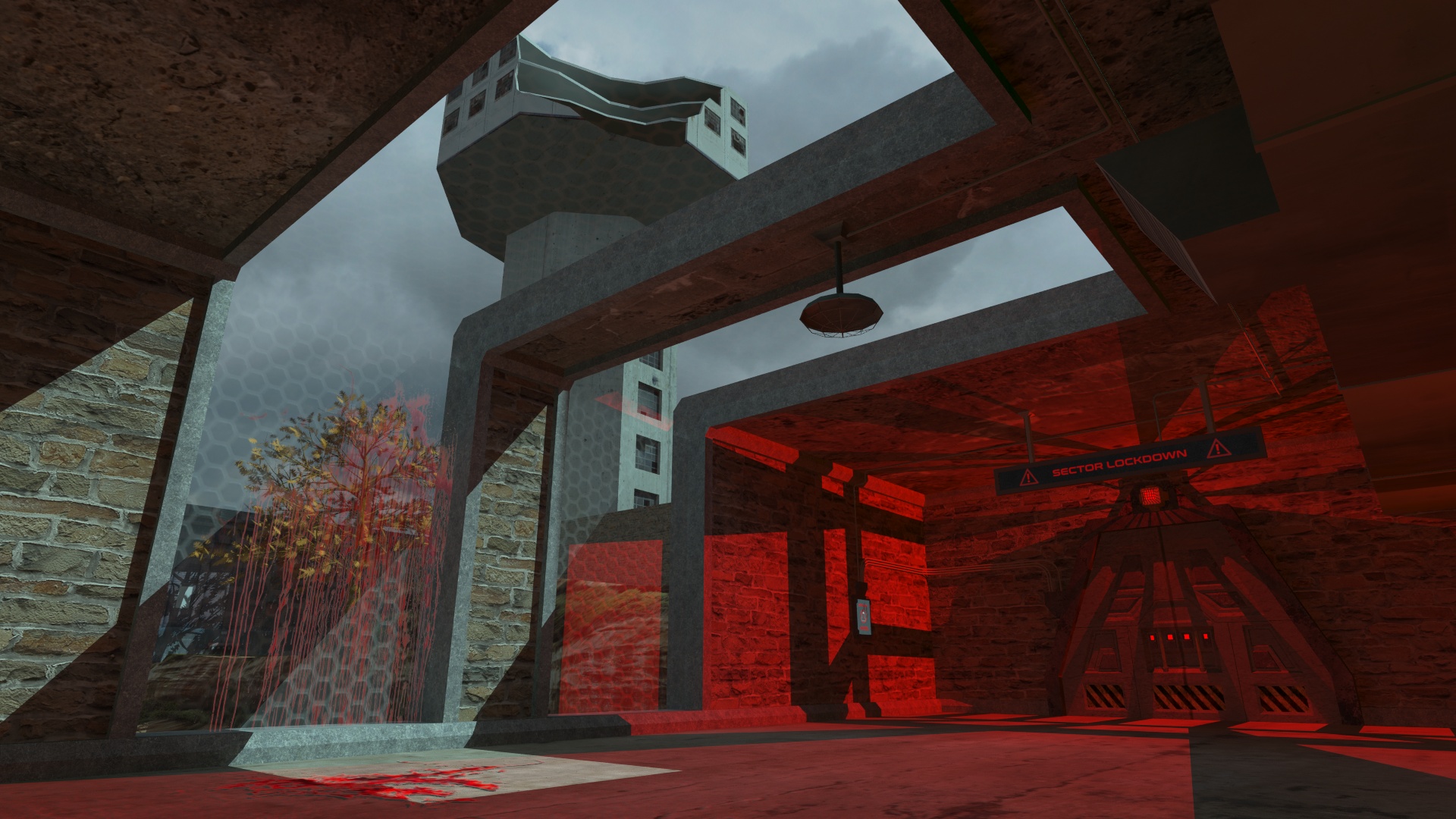 This is an indutrial sci-fi scene that shows a hi-tech facility during a lockdown procedure. However, closer inspection of the scene reveals something more sinister. This design was intended to instill a feeling of dread and unease as the player explores the facility to find the cause of the destruction.