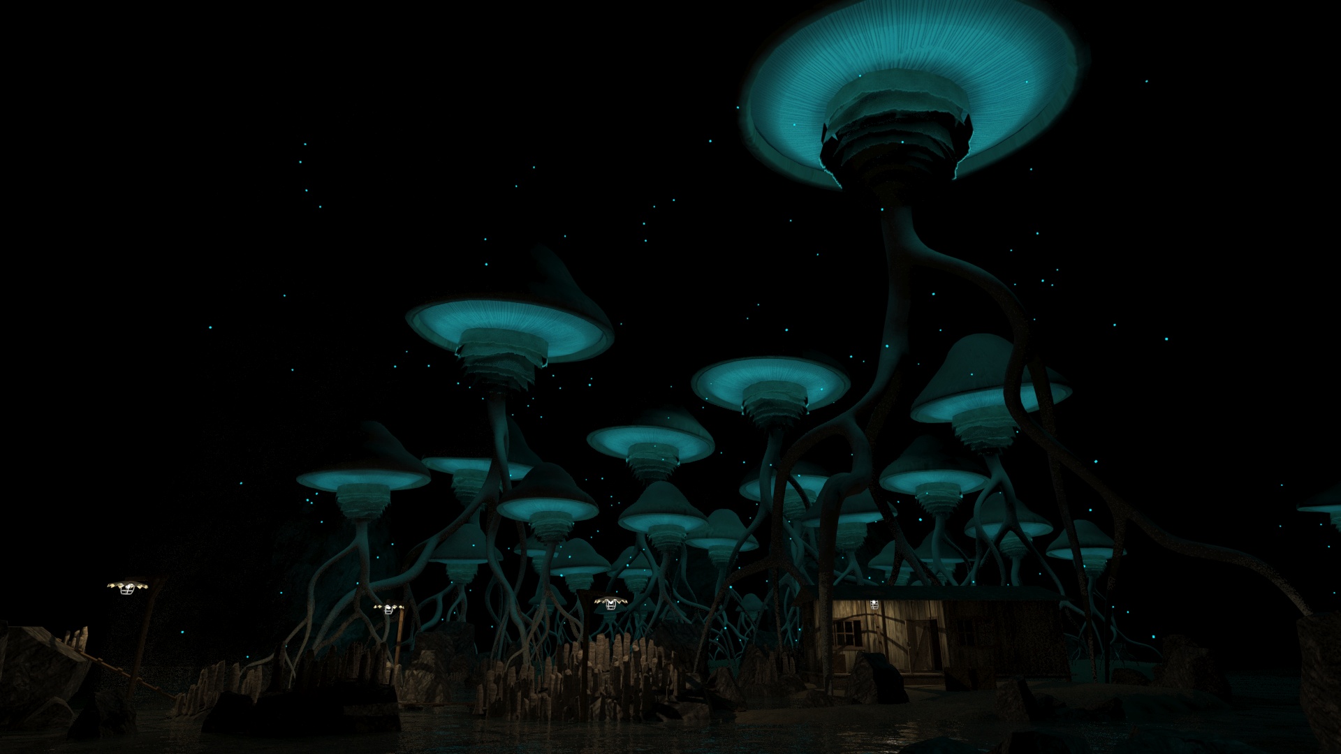 A mystical underground cave scene depicting a large bioluminescent mushroom forest with a small cabin nestled amongst its roots. The purpose of this scene was to invoke the natural human curiosity and the desire to explore in a peaceful environment.
